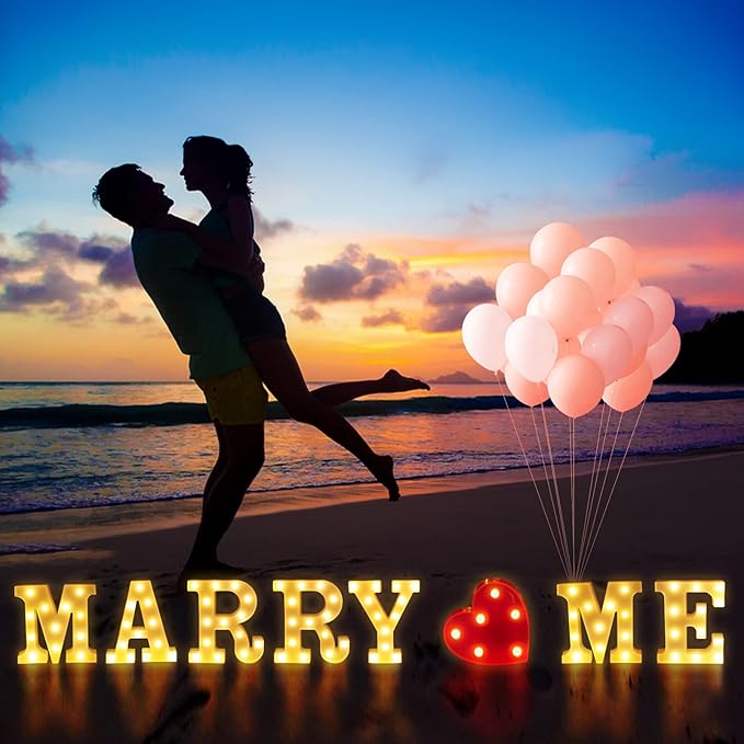 6132pcs Marry Me Marquee Light Up Letters- LED Letter Number Light Sign with Round Light Rose Petal Balloons Decoration for Proposal Engagement Wedding Home Table Decor White