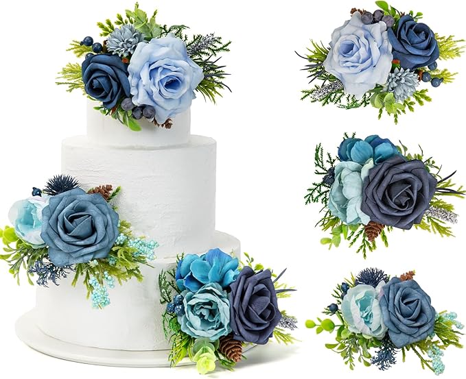 TINGE TIME 3Pcs Wedding Cake Topper Pre-made Set, Navy Blue Artificial Wedding Cake Flower for Reception & Anniversary, Silk Floral Wedding Toppers for Cake, Valentines Cake Topper Decorations
