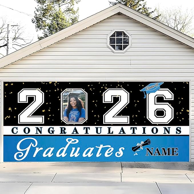 Custom Graduation Garage Door Banner Decoration 7x16ft with Photo Congrats Garage Door Cover 2026 Party Photo Booth Backdrop Party Supplies(Sky Blue)
