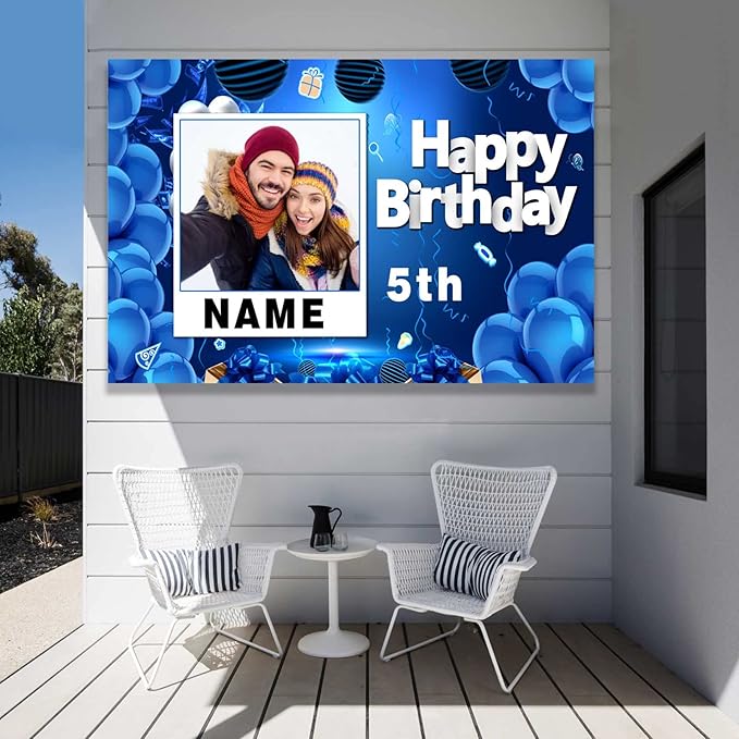 Custom Navy Blue and Gold Happy Birthday Sign Birthday Party Decorations Supplies Personalized Navy Blue Backdrop Banner (5x7.5ft)