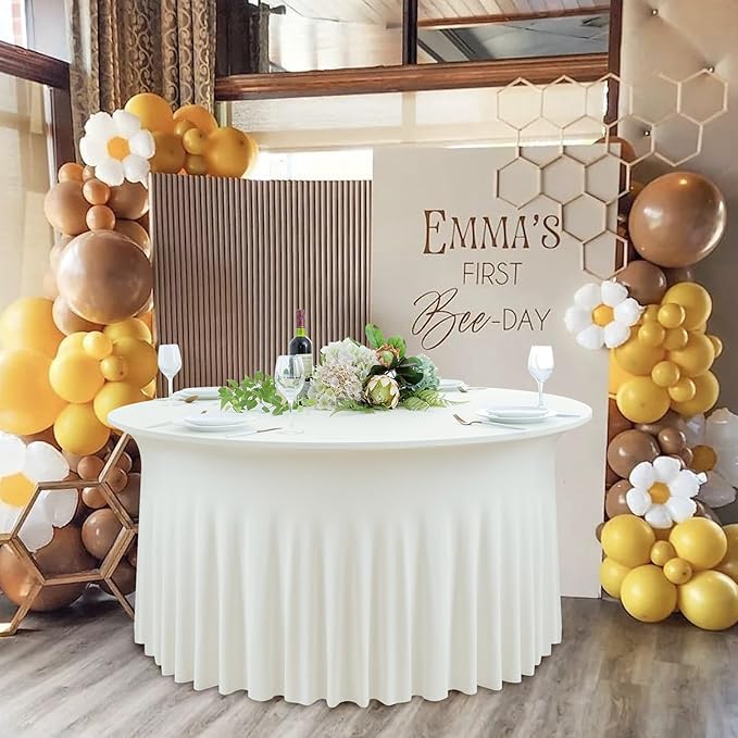4 pk Ivory Spandex Round Tablecloths for 60 inch Table, Wrinkle Free 120inch Stretchy Fitted 5FT Round Table Cloths Cover with Skirt for Wedding Party Dining Banquet