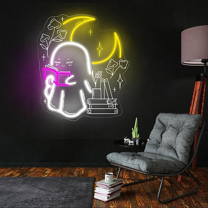 Ghost Reading Book Neon Sign Boo Reading Books Bedroom LED Lights Wall Decoration Neon Sign Decoration, Gift for Bookworm, 14.8"x13", Pink