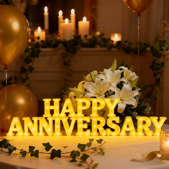Honoson 16 Pcs Happy Anniversary Decoration Light up Letters Sign Wedding Anniversary Party Light LED Neon Table Decoration for Valentine's Day Wedding Romantic Party Decor