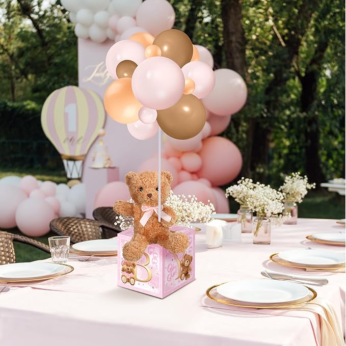 Lenwen 6 Sets Baby Letter Boxes Decorations Table Centerpieces for Baby Shower Gender Reveal,Bear Stuffed Animals Balloon with Stand Plush Toy Boxes for Birthday Party Wedding(Bear,Pink)