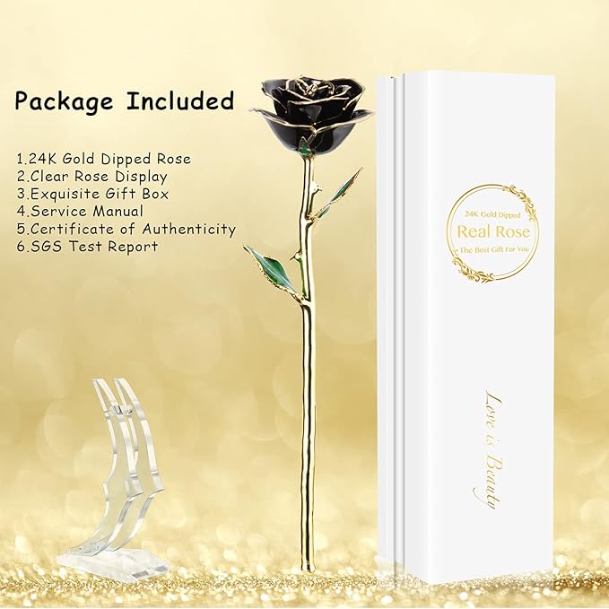 Gold Real Rose, Gold Dipped Rose Made from Real Rose Best Gifts for her and Great Gifts for Girlfriend, Black with Stand