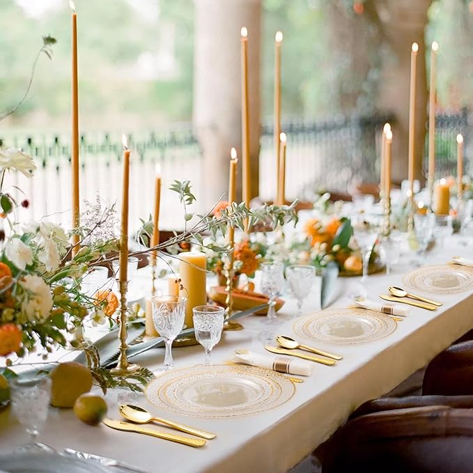 175PCS Clear Plastic Plates with Gold Trim for 25 Guests, Disposable Dinnerware Set for Party & Wedding, Includes 50 Plastic Plates, 25 Pre Rolled Napkins with Gold Silverware, 25 Cups