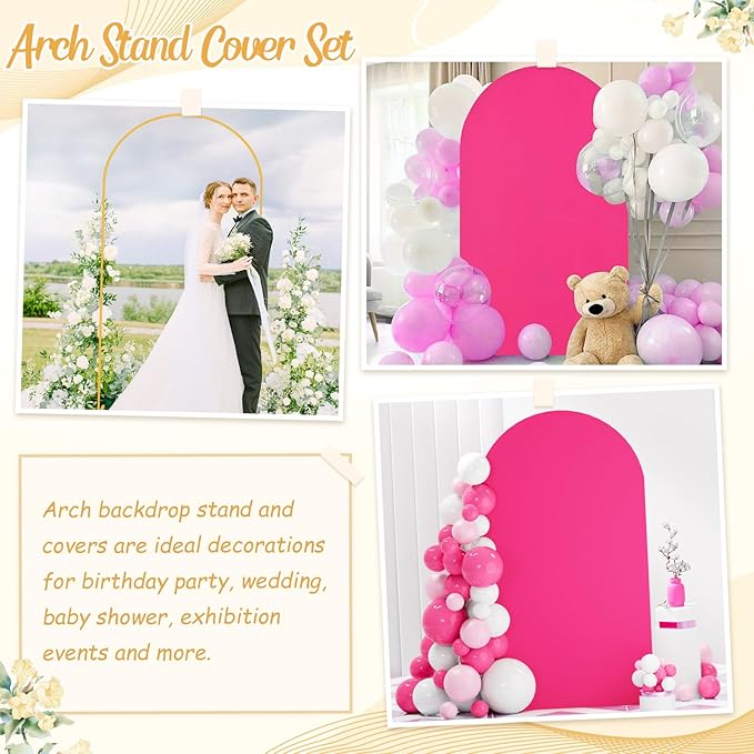 Metal Arch Backdrop Stand and Arch Cover 7.2FT Wedding Arch Stand with Hot Pink Backdrop Cover 2 Sides Spandex Fitted Arched Stands with Covers Set for Bridal Shower Banquet Decorations