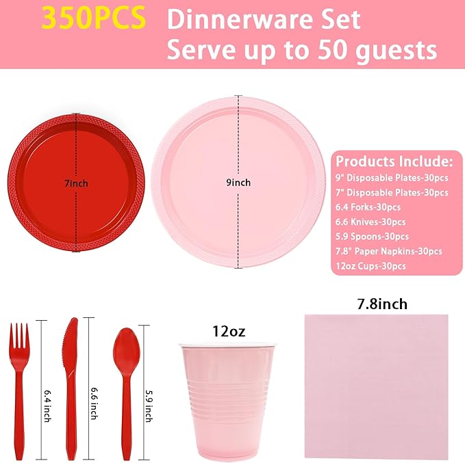 MirthMood 350PCS Valentines Plastic Plates For Party, Valentines Disposable Plates Set, 50 Of Each Dinner Plate Set, Dessert Plate, Cups, Napkins & Cutlery Plastic Dinnerware for Valentine's Day