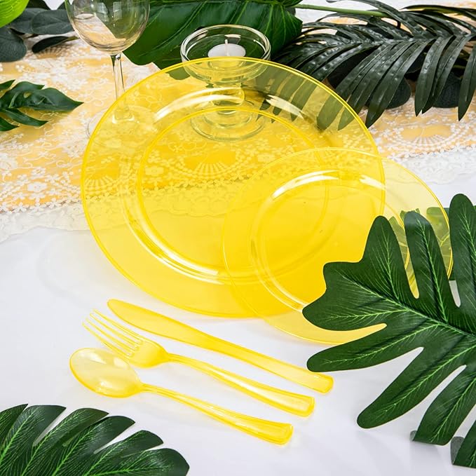 WDF 25 Guest Yellow Plastic Plates -50 Neon Clear Yellow Plates 25Forks, 25Knives,25 Spoons,25Cups for Summer