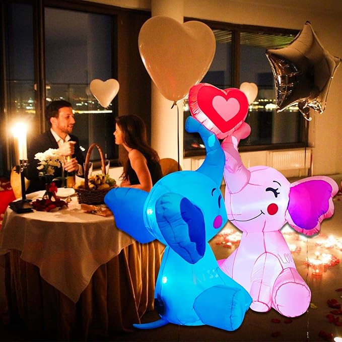 Inlflatable Valentines Decorations,Blow Up Couple's Elephant with LED Lights Outdoor Decor for Romantic Party,Wedding Anniversary, Home,Patio,Lawn Garden Yard Valentine's Decor