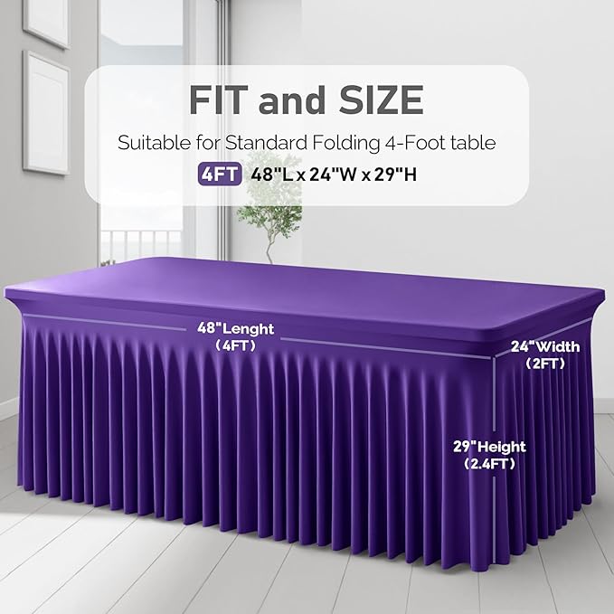 2 Packs Purple Table Clothes for 4 Foot Rectangle Tables, One-Piece Wrinkle Resistant Stretch Spandex Table Covers with Skirt for Event Banquet Wedding Birthday Party