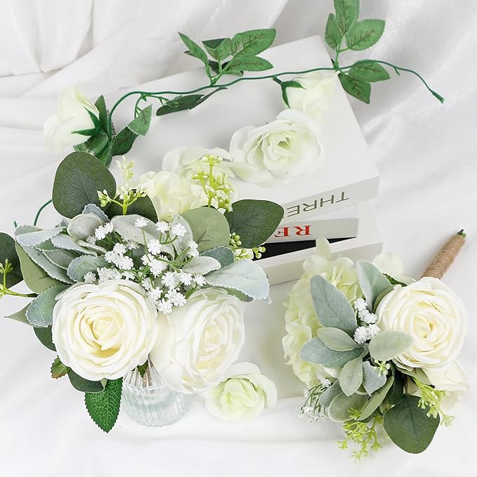 Bridesmaid Bouquets Set of 6 - Ivory White Artificial Flowers Bouquet for Bridesmaids Wedding Small Floral Centerpieces for Marriage Proposal Party Anniversary Dining Table Decor -7 Inch