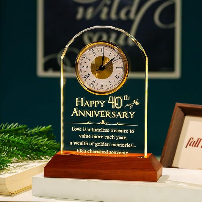 YWHL 40th Wedding Anniversary Clock Gifts for Parents, 40 Years Anniversary Romantic Gift for Couples, Table Clock Glass Presents with Wooden Light Base for Home Decoration (Battery not Included)