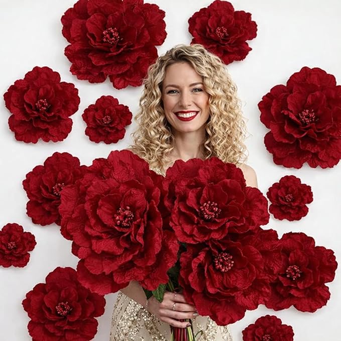 Norme 3 Pcs Valentine Giant Flowers for Decoration 12, 16, 20 Inch Large Rose Petals Giant Flowers Large Burgundy Red Rose for Wedding, Home Decor, Anniversary Birthday Valentine's Day