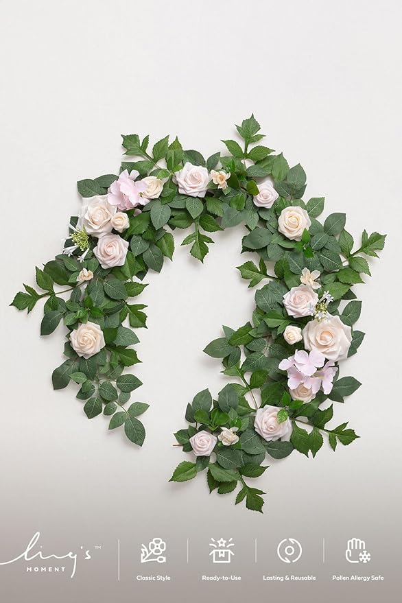 Ling's Moment 5FT Cream Artificial Flower Garland Fake Rose Eucalyptus Garland Arch Flowers Vine for Wedding Party Backdrop Home Table Centerpieces Decorations