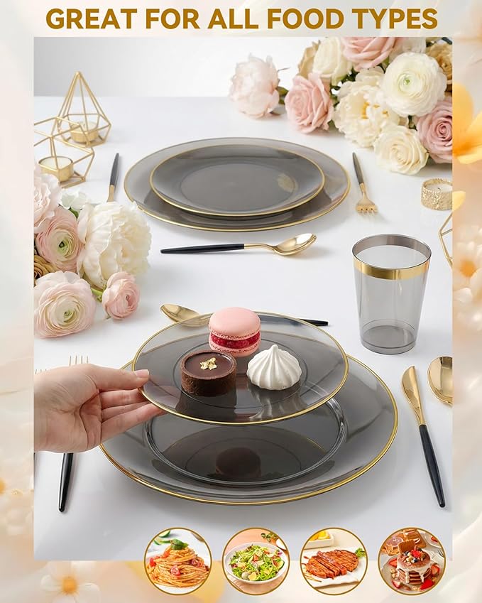 Supernal 180PCS Black and Gold Plastic Dinnerware Set - Black Plastic Plates with Disposable Silverware Include 30 Dinner / 30 Dessert Plates, 30 Forks,30 Knives,30 Spoons & 30 Cups for Party&New Year
