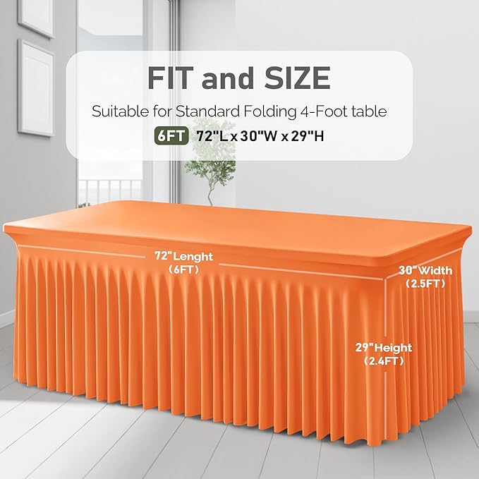 2 Packs Orange Table Clothes for 6 Foot Rectangle Tables, One-Piece Wrinkle Resistant Stretch Spandex Table Covers with Skirt for Event Banquet Wedding Birthday Party