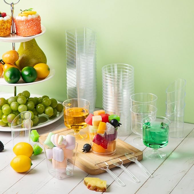 300 Pack Clear Mini Dessert Cups with Spoons 3oz 5oz Plastic Square Parfait Round Goblet Appetizer Shooter Cups for Baby Shower Wedding Party Picnic Yogurt Fruit Pudding Ice Cream Cake