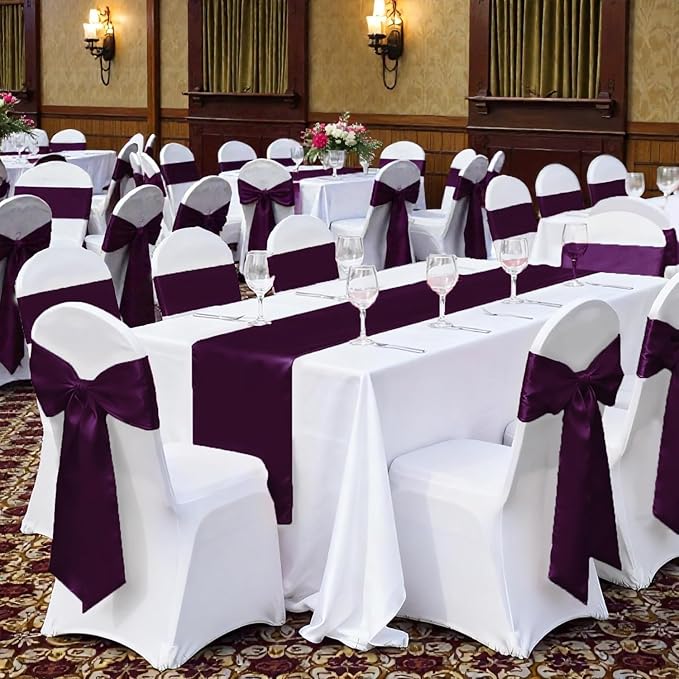 VDS Satin Chair Sashes Chair Cover Back Tie Sateen Bows Ribbon for Wedding Birthday Graduation Engagement Ceremony Event Party Banquet Venue Hotel All Dining Chair Decoration (50PC) (Plum)