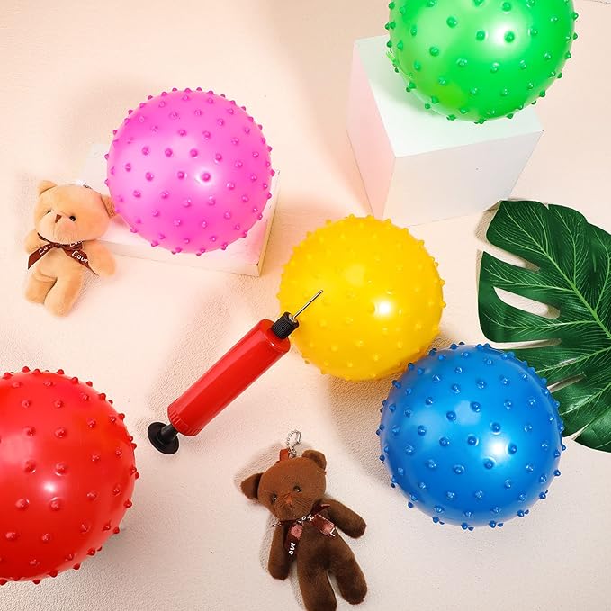 Jexine 150 Pcs 6.3 Inch Knobby Balls Bulk Spiky Bounce Ball Sensory Balls with Air Pump Small Inflatable Bouncy Balls Soft Bounce Party Favors for Kids Baby Massage Stress Play Set, 5 Assorted Colors