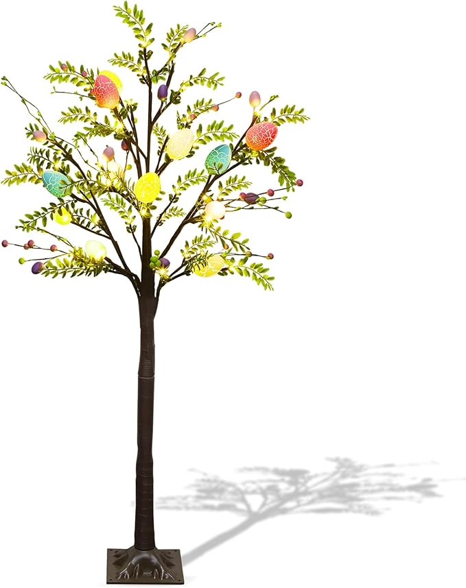 DR.DUDU 4FT Lighted Easter Tree with Timer, Pre-Lit Artificial Egg Trees with Colorful Eggs & LED Lights, Easter Decorations for Home Indoor Outdoor, Spring Decor for Porch, Office