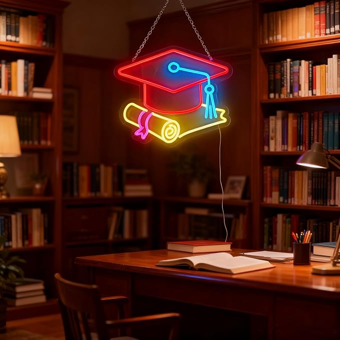 Congrats Grad Neon Sign with Cap & Diploma - 3-Color Red Yellow Ice Blue Graduation Decorations 2026, 10-Level Dimmable LED Wall Light, USB Powered Gift for Graduate, 14.5"x12.6"