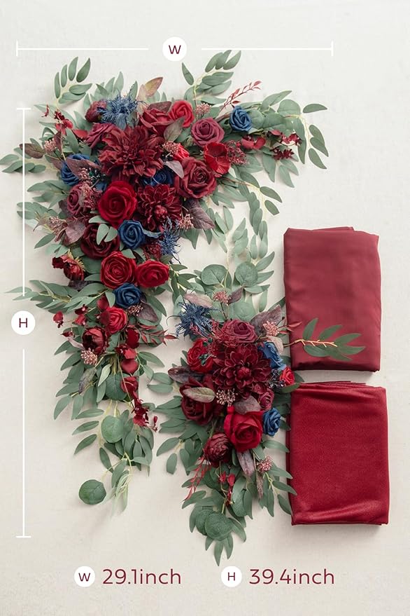 Ling's moment Burgundy Artificial Wedding Arch Flowers Kit Pack of 4, 2pcs Hanging Flower Arrangement 2pcs Chiffon Drapes Ceremony Reception Fake Rose Arbor Backdrop Floral Party Outdoor Decorations