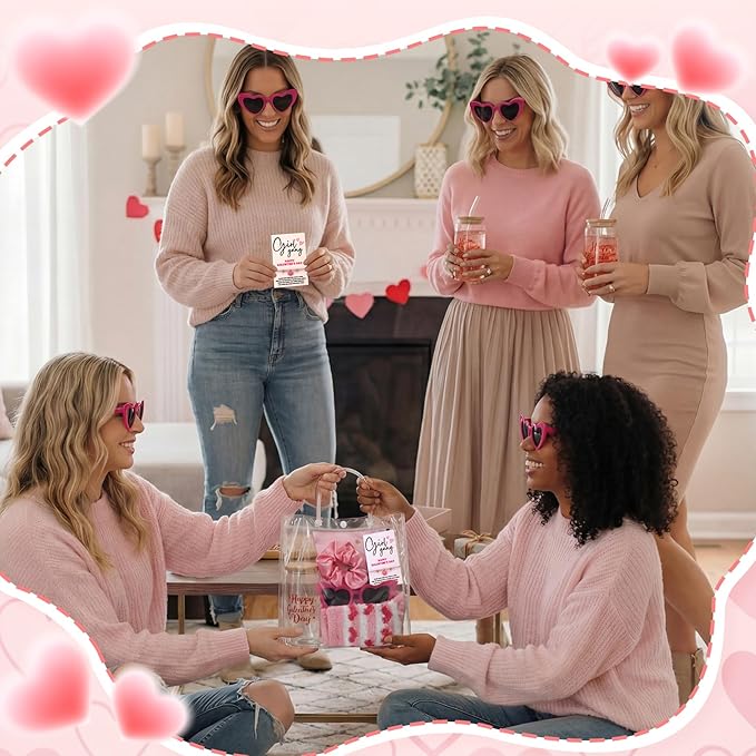 Zeyune 42 Pcs Galentines Day Gifts Valentines Gifts 6 Sets,Include Socks Glass Cup Friendship Bracelet Card Makeup Bag Heart Glasses Pink Scrunchies and Tote Bag for Women Friend Party Favors