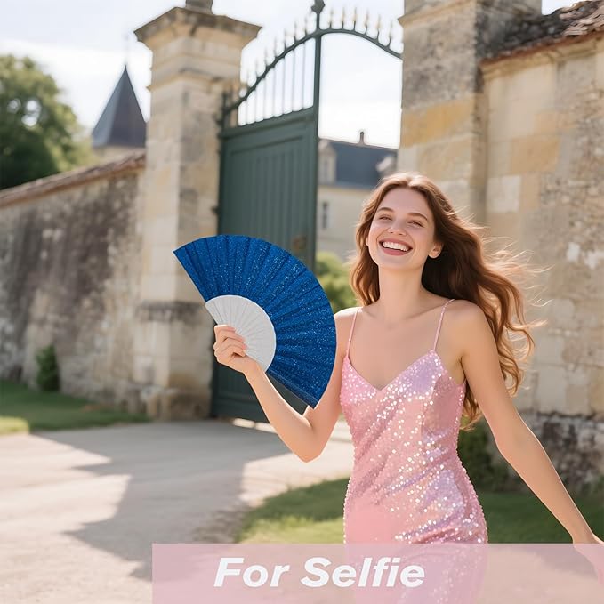 48 Pack Handheld Fan,Folding Hand Glitter fan with Shining Transparent Fan Rib – Ideal for Wedding, Church, Festival, Dance, Tea Party, Club, and EDM Accessories, Royal blue