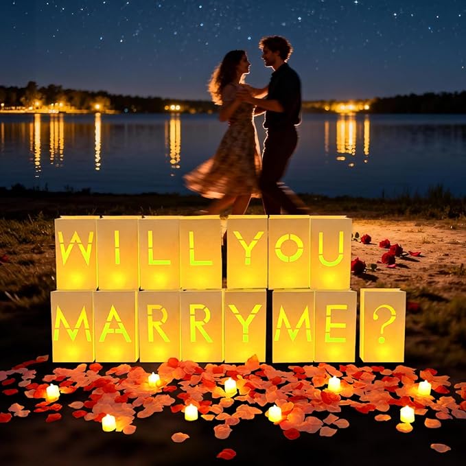 NEXAGEBIUS Will You Marry Me Marriage Proposal Decorations Luminary Bags Light Up Letters Sign Decor 2000 Rose Petals and Candles Set Romantic, Valentines Decor, Engagement Party Banner