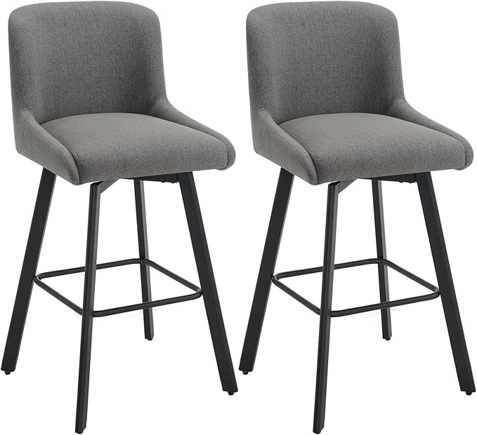 Swivel Bar Stools Set of 2, 29''H Upholstered Barstools with Backs, Modern Counter Height Bar Stool Chairs for Kitchen Island, Metal Legs, Fabric, Gray Counter Stools
