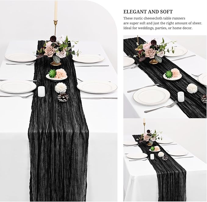 24 Pack Black Cheesecloth Table Runner 120 inch Fall Thanksgiving Boho Rustic Gauze Farmhouse 10FT Cheese Cloth Runner for Baby Shower Wedding Party Holiday Home Decor