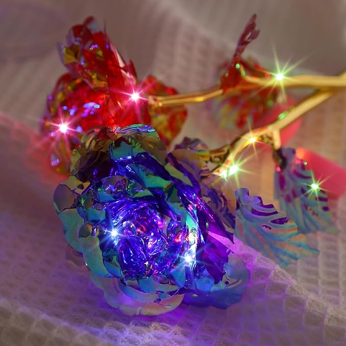 Lyrow 36 Pcs Valentines Galaxy Rose LED Light up Rose Flower Gifts Crystal Artificial Rainbow Flower for Valentine Lover Girlfriend Mom Her Mother's Day Birthday Wedding Gift, 9.84 Inches (Multicolor)