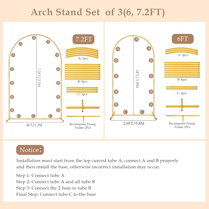 Metal Arch Backdrop Stand, 7.2FT+6FT Wedding Arch Stand, Set of 2 Backdrop Arch Stand, Metal Arch Stand for Valentines Day,Wedding Ceremony Birthday Party Baby Shower Graduation Ceremony Decoration
