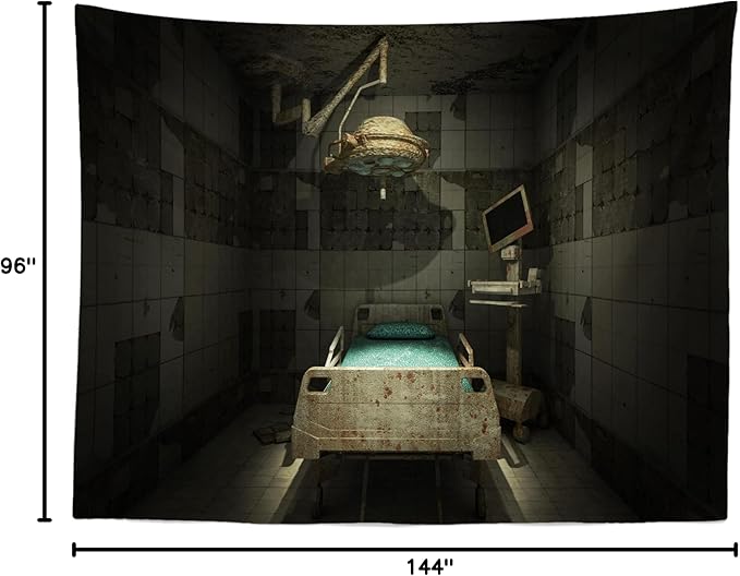 CORFOTO Fabric Creepy Abandoned Operating Room Backdrop Spooky Horror Hospital Interior Background Sickbed Bloody Murder Crime Party Decorations Kids Adults Halloween Party Banner Photo Props