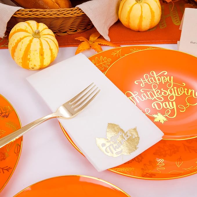 Nervure 175PCS Thanksgiving Plates - Orange and Gold Disposable Plates Include 25Dinner Plate, 25Dessert Plate, 25Cups, 25Knives, 25Forks, 25Spoons, 25 Fall Napkins for Thanksgiving Day