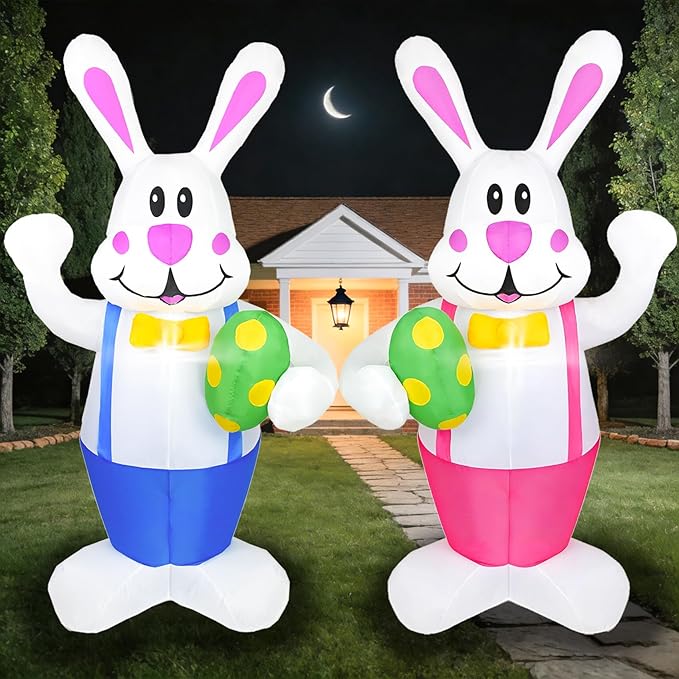 Dearsun 2 Pack 6.2FT Easter Inflatables Bunny Holding Easter Egg, Easter Blow up Yard Decorations Giant Bunny for Holiday Party Indoor Outdoor Decorations