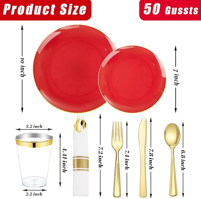 KIRE 350PCS Red Plastic Plates - Heavy Duty Red Plates Disposable - 50Guest Plastic Dinnerware Include 50Dinner Plate,50Dessert Plate,50Pre Rolled Napkins with Silverware for Valentine's Day&Wedding