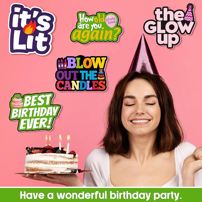 24 Pcs Birthday Photo Booth Props Single Sided 11.8" Photo Booth Props Birthday Parties Decorations Set DIY Water Proof Selfie Signs PVC Printing for Party Businesses