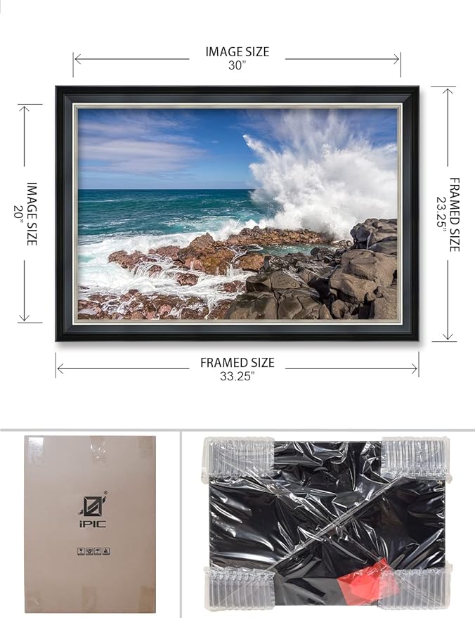 IPIC - Waves Crashing at Queen's Bath, Personalized Ideal Gift Custom Framed Wall Art with Names and Date, Giclee Prints with Solid Wood Frame, Memorable Present. Wall Art for Home Decor.