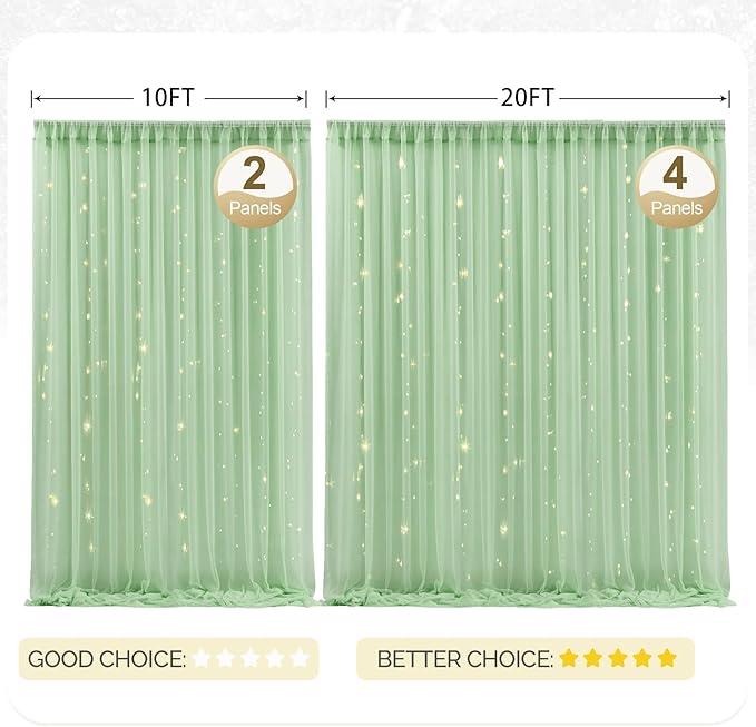 20x10ft Green Tulle Backdrop Curtain with Lights String for Parites, Sheer Photo Backdrop Curtains with Lights for Wedding Backdrop Ceremony Reception Bridal Shower Baby Shower Birthday Party