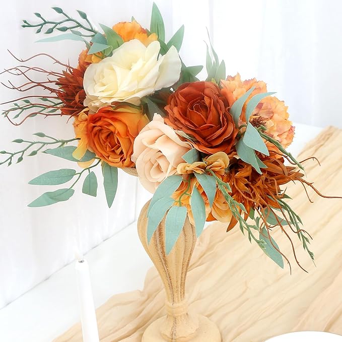 Bridesmaid Bouquets for Wedding - Set of 6 Artificial Flowers Bouquet for Fall Wedding Decoration Marriage Proposal Party Ceremony Anniversary Dining Table Centerpieces - Burnt Orange