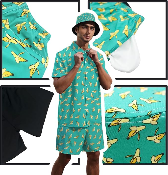 Men's Hawaiian Shirt and Shorts Set 2 Piece Beach Outfits with Bucket Hats for Beach Days and Summer Vibes