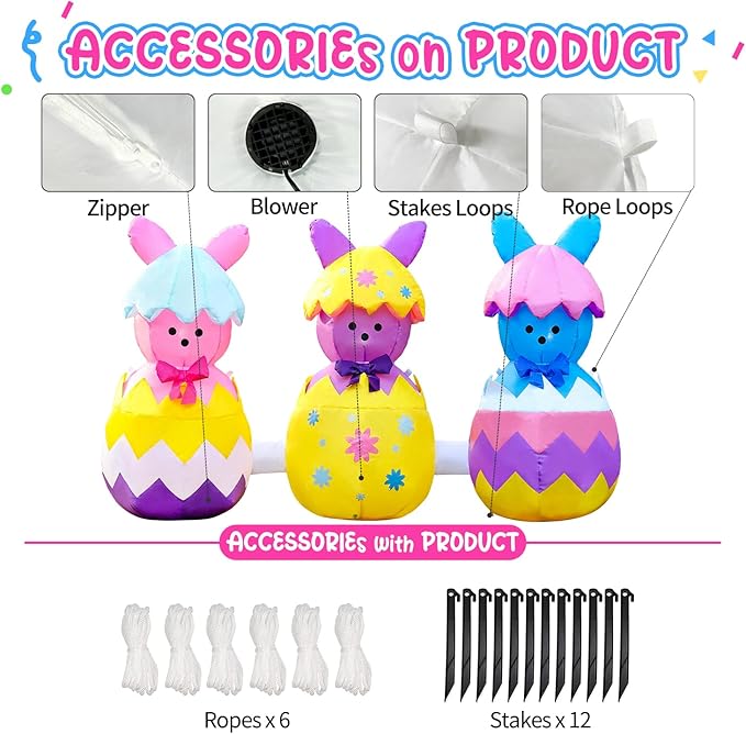 Domkom 6FT Long Easter Inflatable Bunny Outdoor Decorations, Build-in LED Lights Holiday Blow Up Yard Decoration, for Easter&Spring, Outdoor,Garden, Yard Lawn Décor