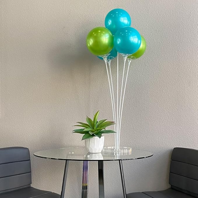 Reusable Balloon Tabletop Kit - Helium-Free Vinyl Bouquets - Lasting Inflation - Includes 5 Balloons, Stems & Acrylic Base, for Business, Schools & Events (Aqua and Lime)