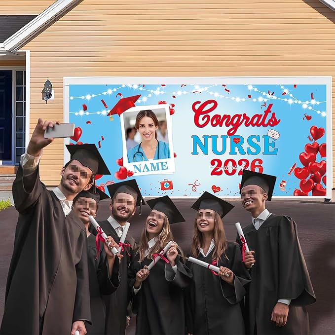 Custom Garaduation Garage Nurse Theme Door Banner Cover 16 x 7 ft Class of 2026 Congrats Grad Party Backdrop Personalized Graduation Decoration(Red and Blue)