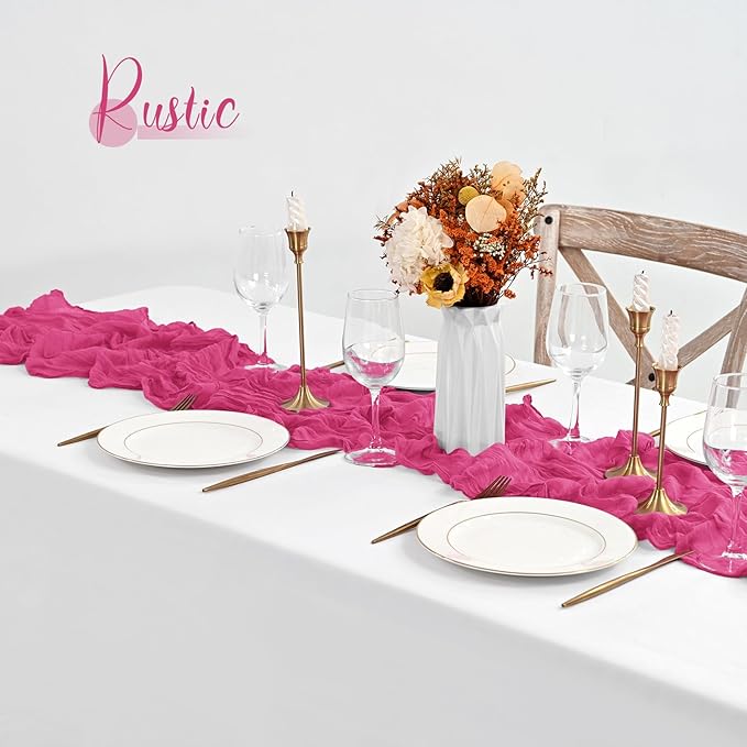 20 Pack Hot Pink Table Runner 10Ft Cheesecloth Table Runner Boho Gauze Table Runners Romantic Long Sheer Fabric Cheese Cloth Table Runners for Wedding Party Bridal Shower(Hot Pink)