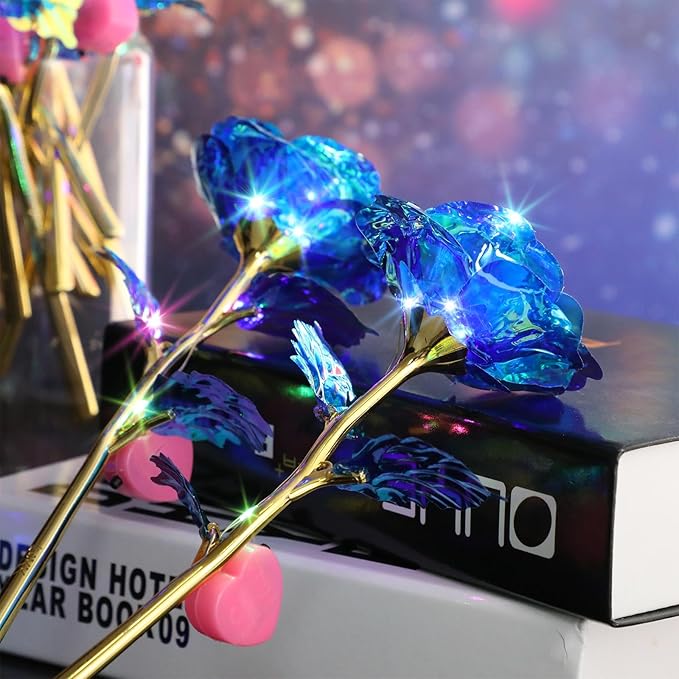 Lyrow 24 Pcs Valentines Galaxy Rose LED Light up Rose Flower Gifts Crystal Artificial Rainbow Flower for Valentine Lover Girlfriend Mom Her Mother's Day Birthday Wedding Gift, 9.84 Inches (Blue)