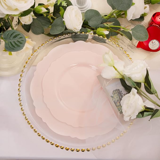 WDF 60pcs Pink Plastic Plates - Baroque Pink Disposable Plates Including 30 Dinner Plates 10.25inch, 30 Dessert Plates 7.5inch for Upscale Valentine's Day, Wedding, Parties