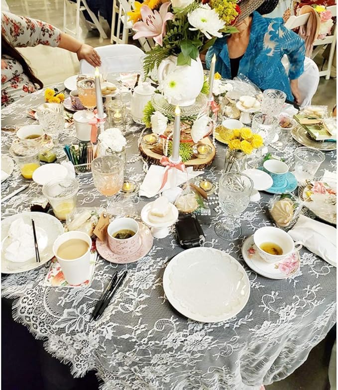 Fowecelt 5 Pack White Lace Tablecloth 60 × 120 Inch for Rustic Boho Wedding Bridal Shower Party Decoration, Classy Rectangle Overlay Long Vintage Embroidered Reception Table Cloth Decor